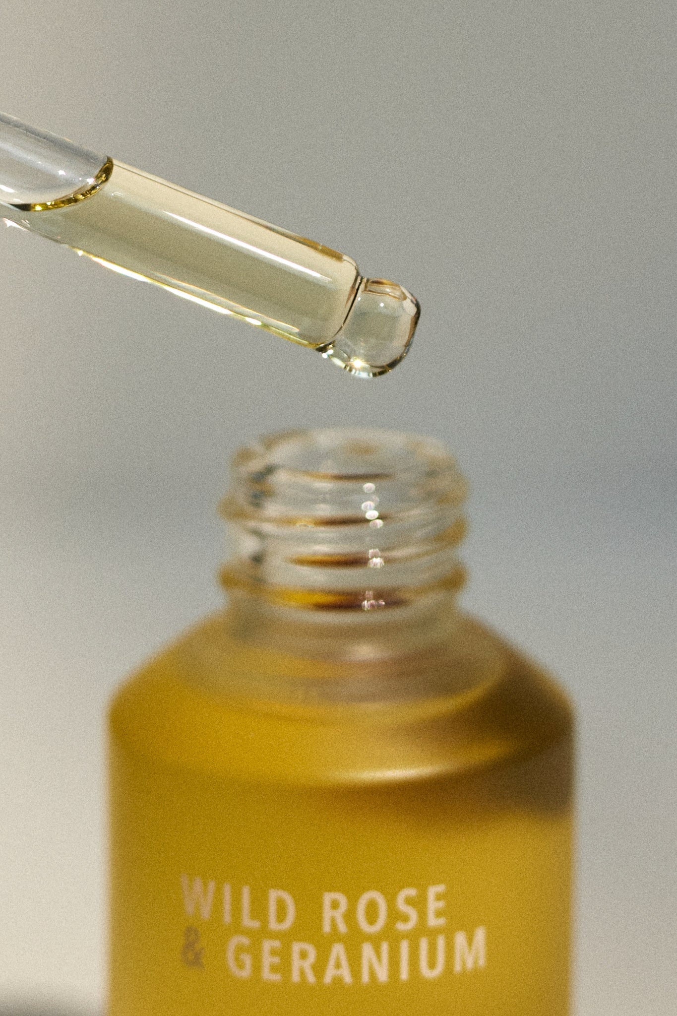 Still life photo of the Wild Rose & Geranium Illuminating Face Oil by Fields of Yarrow being sampled out of the bottle